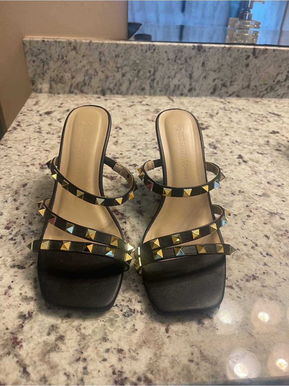 Wild Diva Black Studded Strappy Wedge Heels - Women's